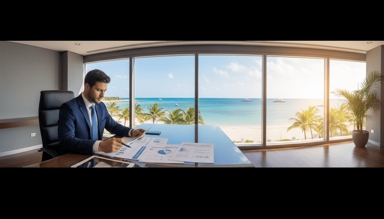 Professional in modern office reviewing investment strategy documents with Caribbean coastal background