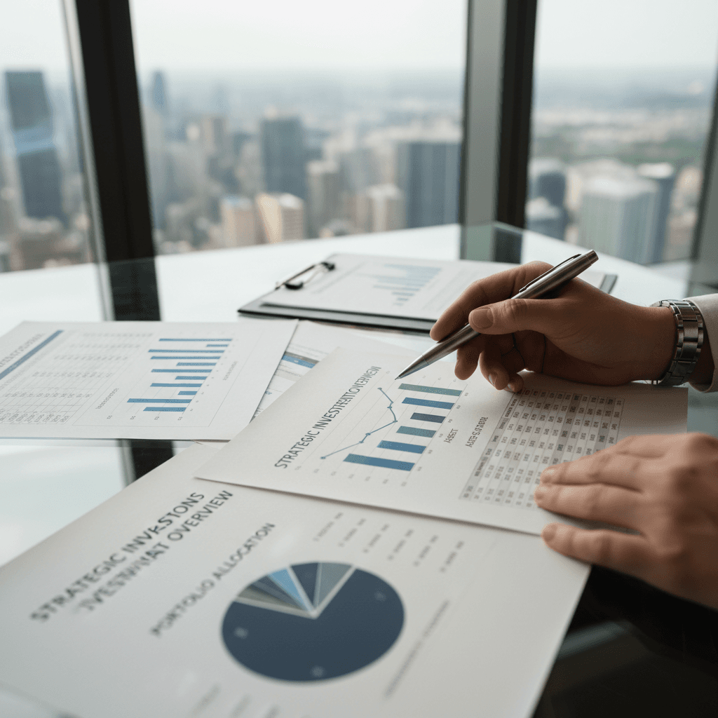 Investment advisor reviewing strategic documents in modern office