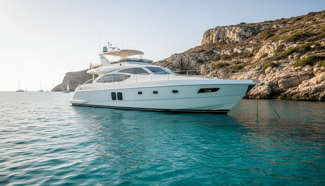 Modern luxury motor yacht anchored in clear turquoise Mediterranean waters with rocky coastline and cliffs in background
