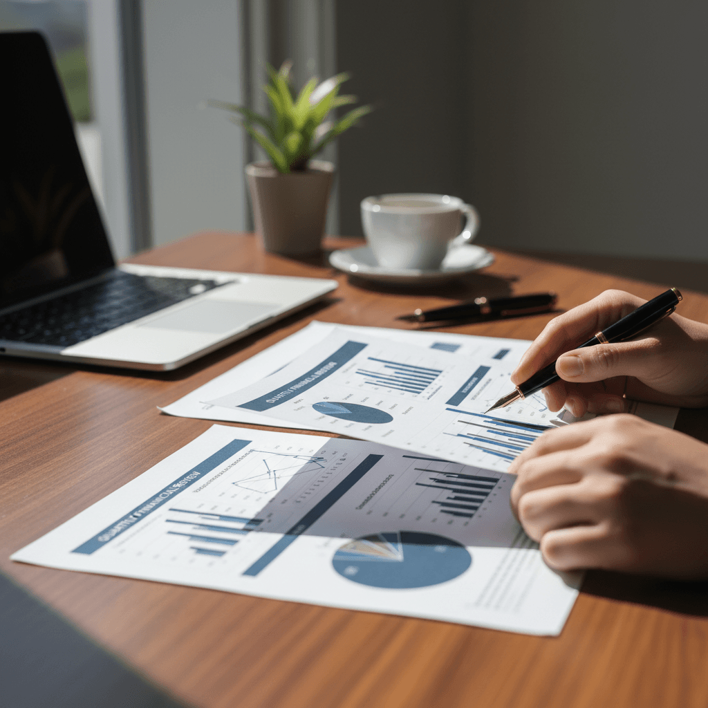 Professional advisor reviewing strategic investment documents at a modern office desk